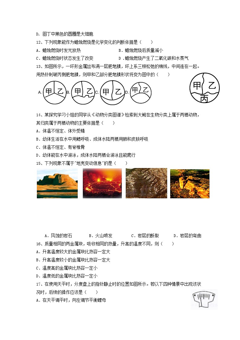 浙江省绍兴市建功中学2022-2023学年上学期七年级科学期末检测卷03