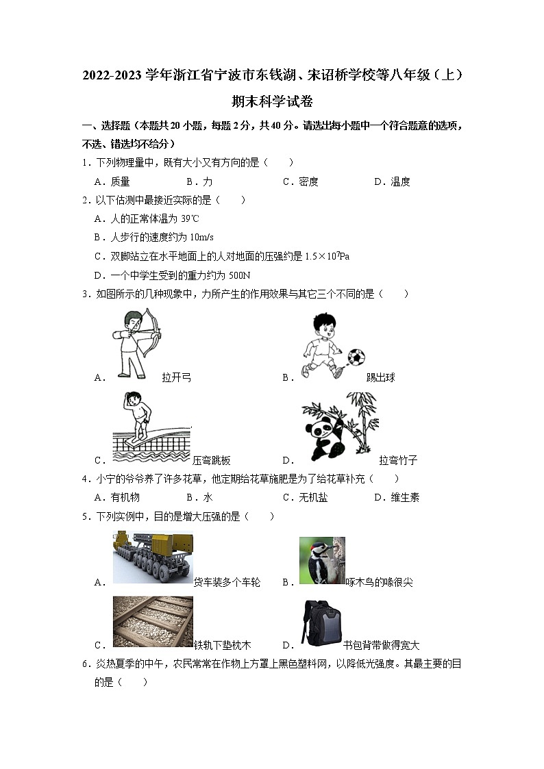 浙江省宁波市东钱湖、宋诏桥学校等2022-2023学年八年级上学期期末联考科学试题01