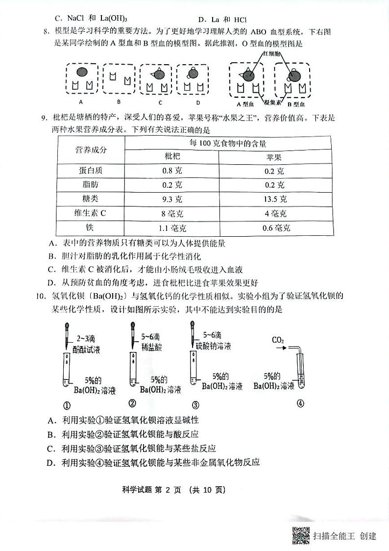 浙江省杭州市余杭区2022-2023学年九年级上学期期末检测科学试题02