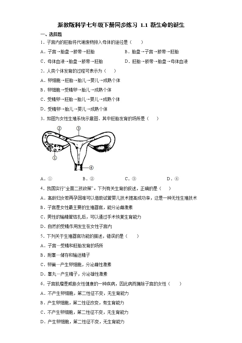 浙教版科学七年级下册同步练习 1.1 新生命的诞生（含答案解析）01