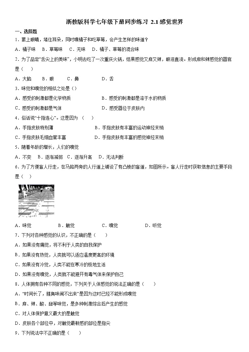 浙教版科学七年级下册同步练习 2.1感觉世界（含答案解析）01