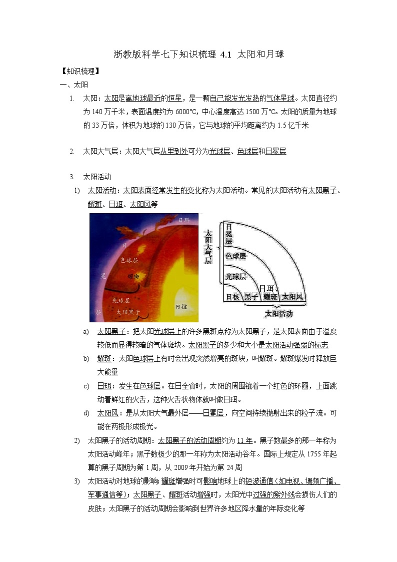 浙教版科学七下知识梳理 4.1 太阳和月球01