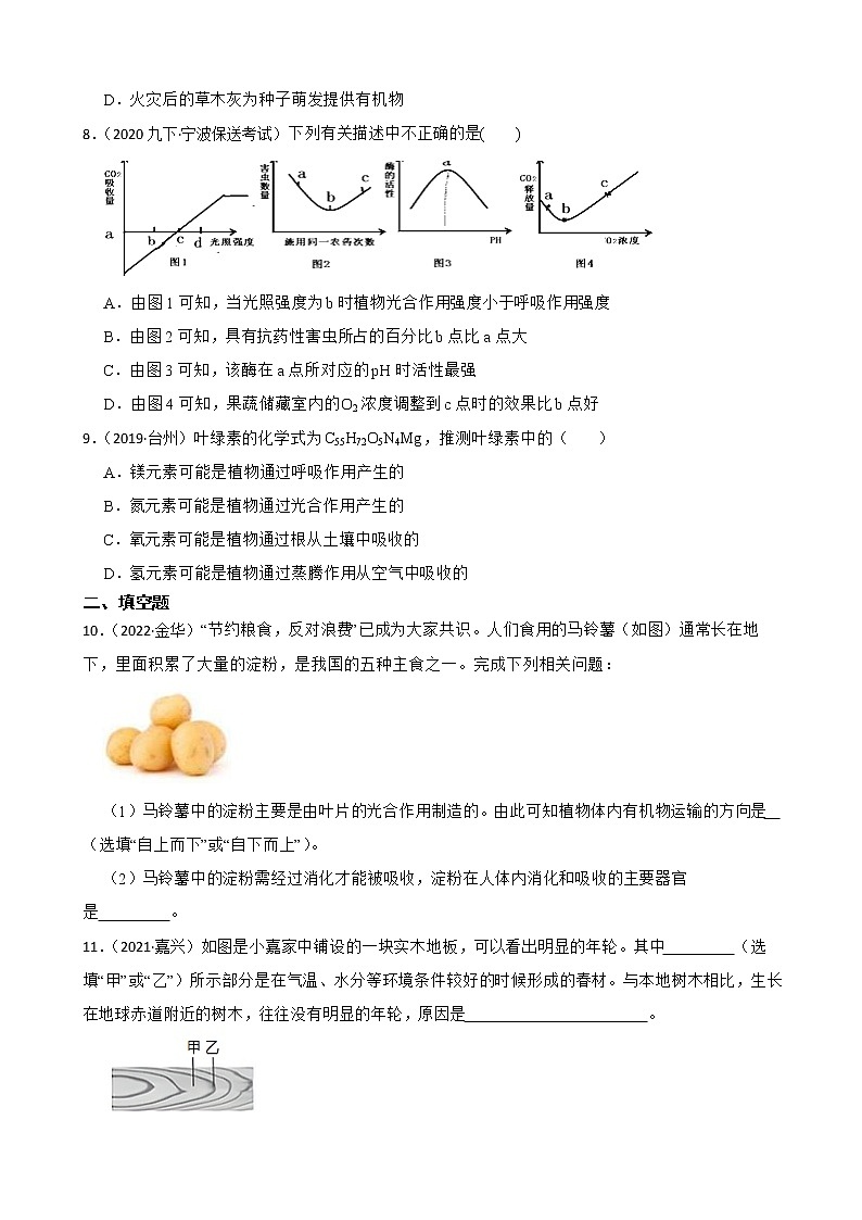 浙江省2020-2022年中考科学试题分类汇编——5植物根茎叶与光合作用（含答案解析）03