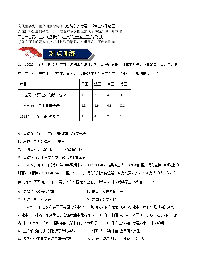 【中考一轮复习】中考历史一轮复习背诵+精讲+讲练：专题34 《 第二次工业革命和近代科学文化》（精品课件+背诵清单+试题演练+真题演练）02