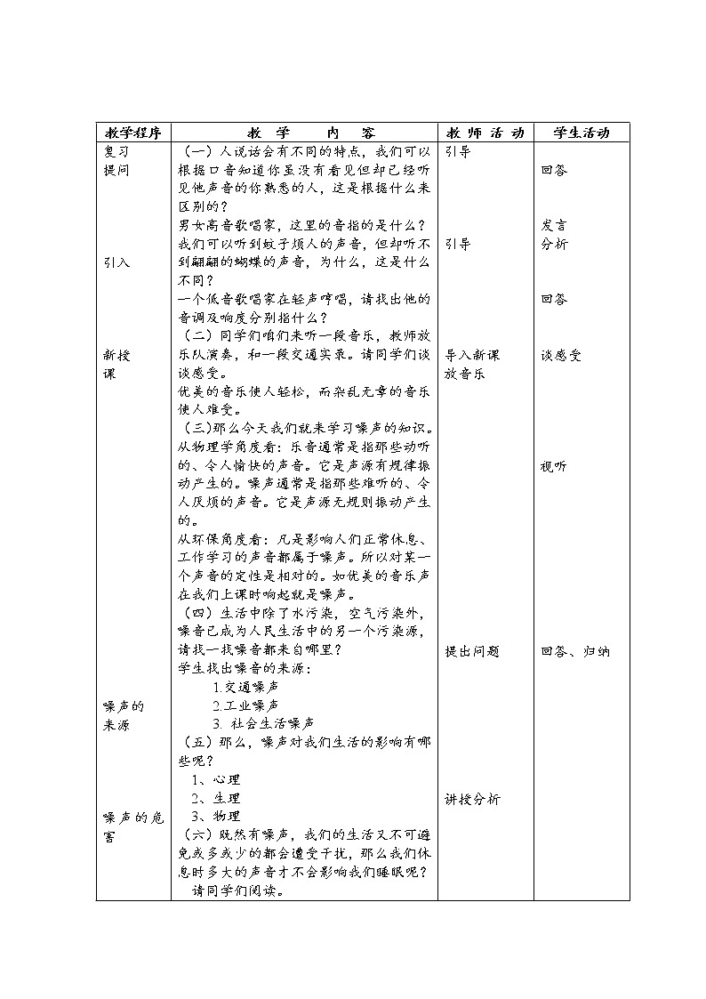 华东师大版科学八年级下册 1.3 噪声 教案0102