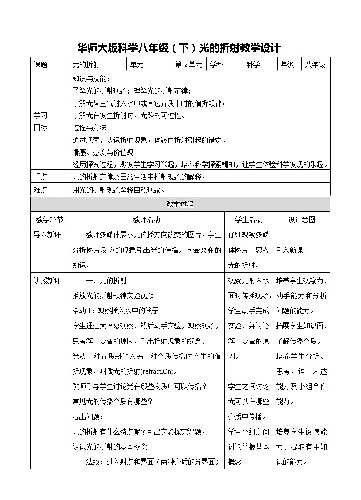 华东师大版科学八年级下册 2.2 光的折射 教案01第1页