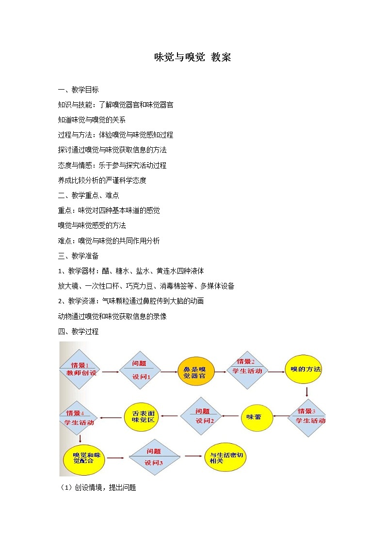 华东师大版科学八年级下册 3.4 味觉与嗅觉 教案第1页