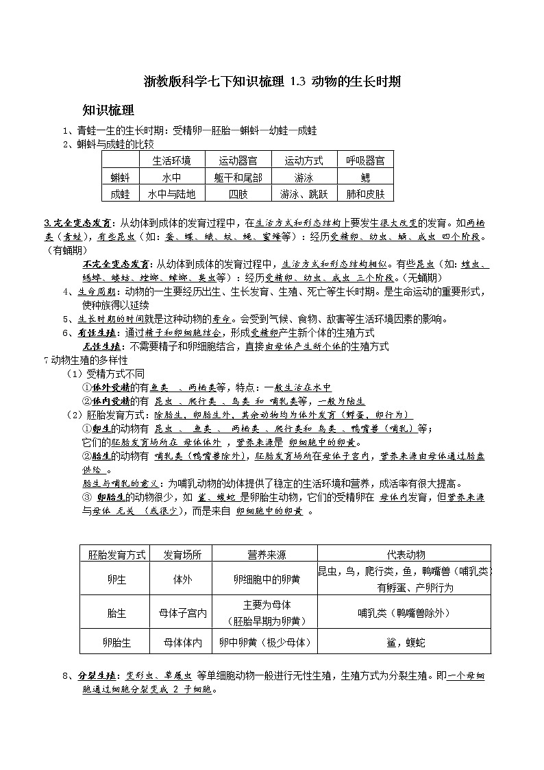 浙教版科学七下知识梳理 1.3 动物的生长时期01