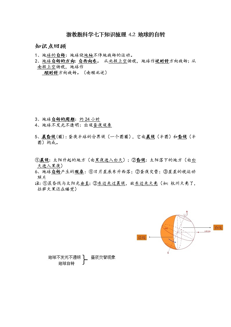 浙教版科学七下知识梳理 4.2 地球的自转01