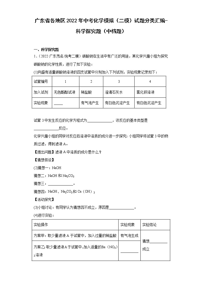 广东省各地区2022年中考化学模拟（二模）试题分类汇编-科学探究题（中档题）01