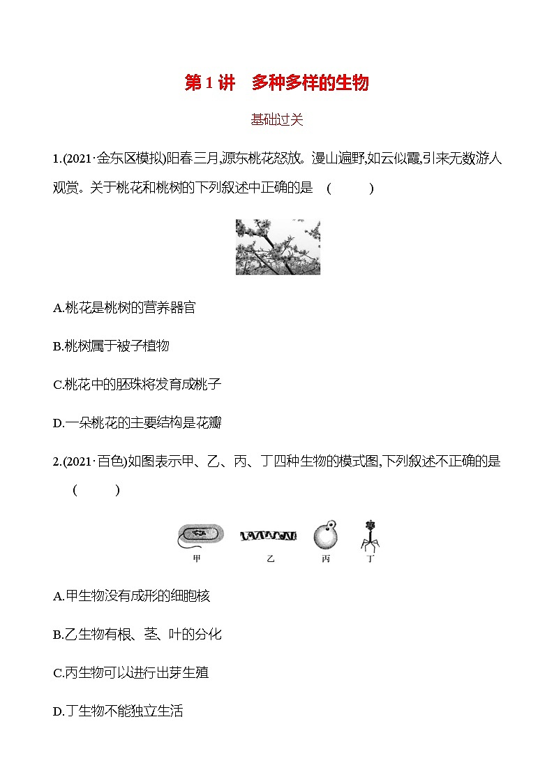备战2023 初中科学 一轮复习 第1讲　多种多样的生物 提分作业（学生版） 第1页