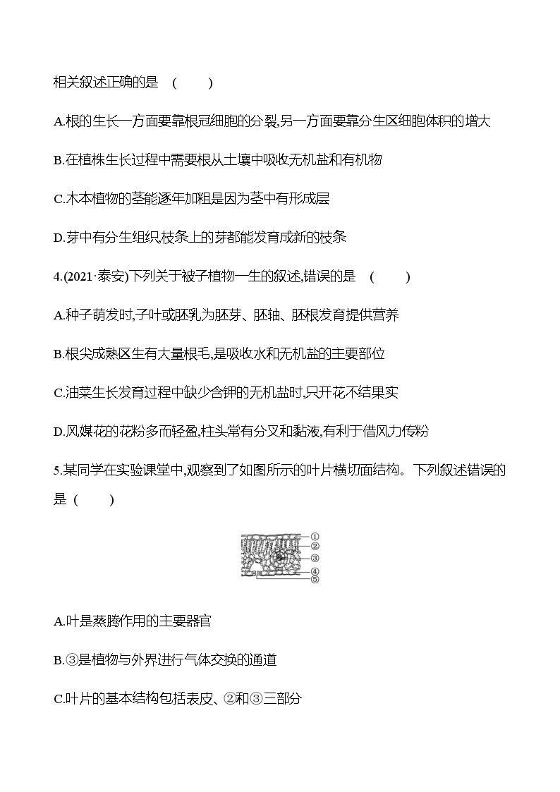 2023年浙江省初中科学 一轮复习 第4讲　绿色植物的新陈代谢(1) 提分作业02