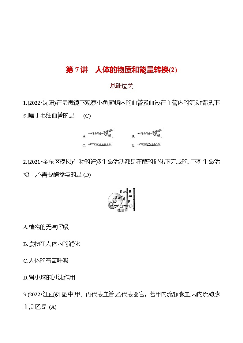备战2023 初中科学 一轮复习 第7讲　人体的物质和能量转换(2) 提分作业（教师版）第1页