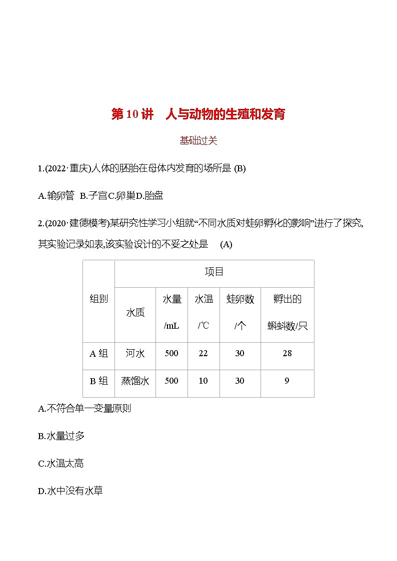 备战2023 初中科学 一轮复习 第10讲　人与动物的生殖和发育 提分作业（教师版）第1页