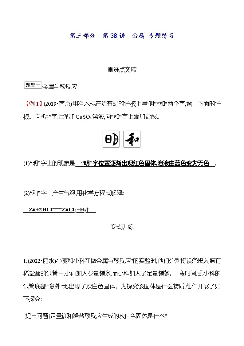 2023年浙江省初中科学 一轮复习 第三部分  第38讲　金属 专题练习01