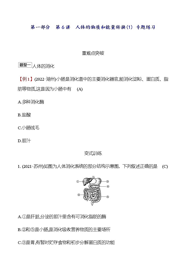 2023年浙江省初中科学 一轮复习 第一部分  第6讲　人体的物质和能量转换(1) 专题练习（教师版） 第1页