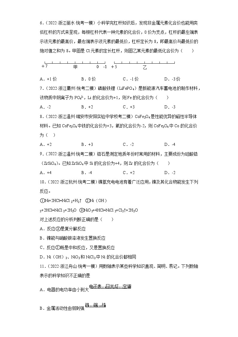 浙江省2022年中考科学模拟题汇编-46物质的分类（化合价）02