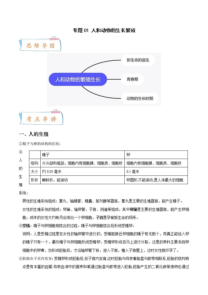 2022-2023年浙教版科学七年级下册专题复习精讲精练：专题01 人和动物的生长繁殖01