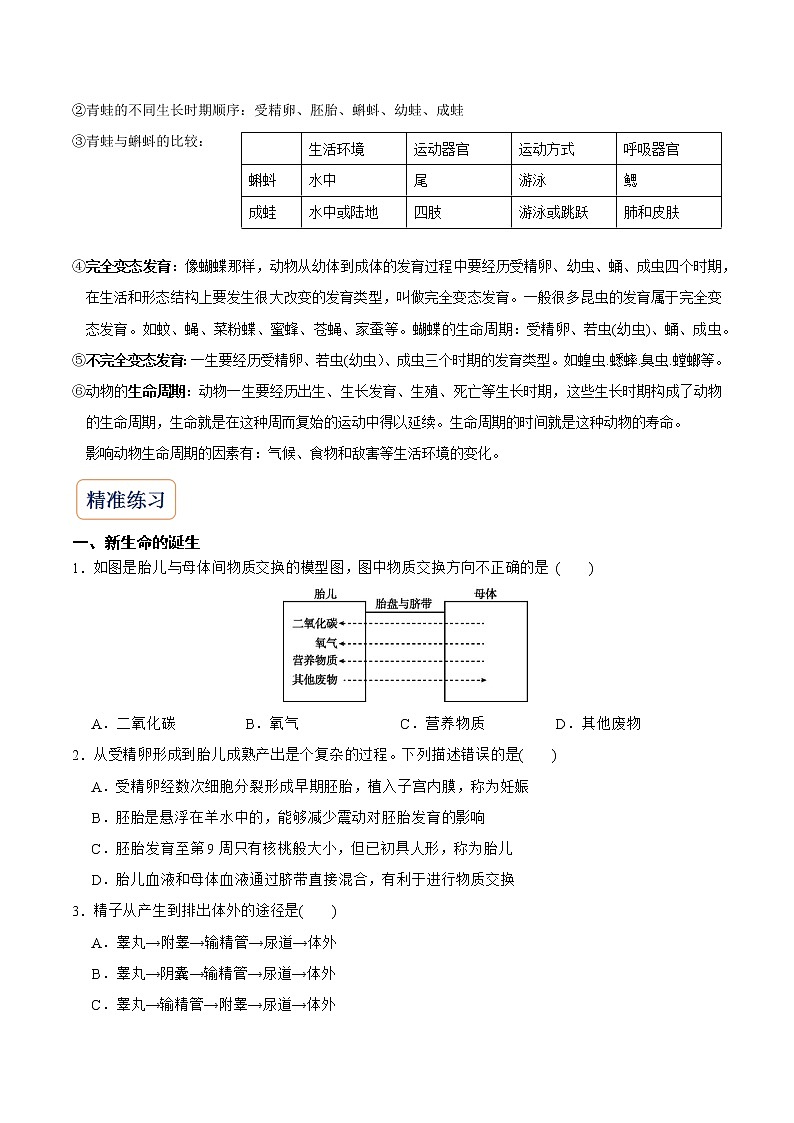 2022-2023年浙教版科学七年级下册专题复习精讲精练：专题01 人和动物的生长繁殖03