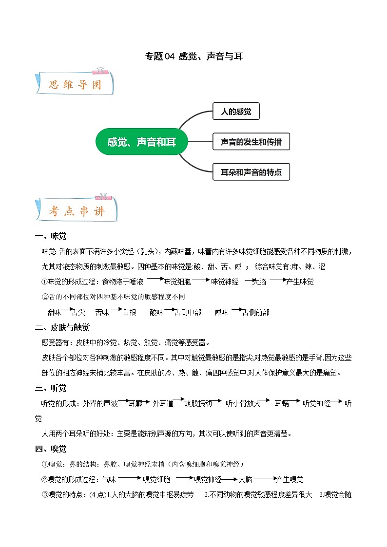 2022-2023年浙教版科学七年级下册专题复习精讲精练：专题04 感觉、声音与耳01