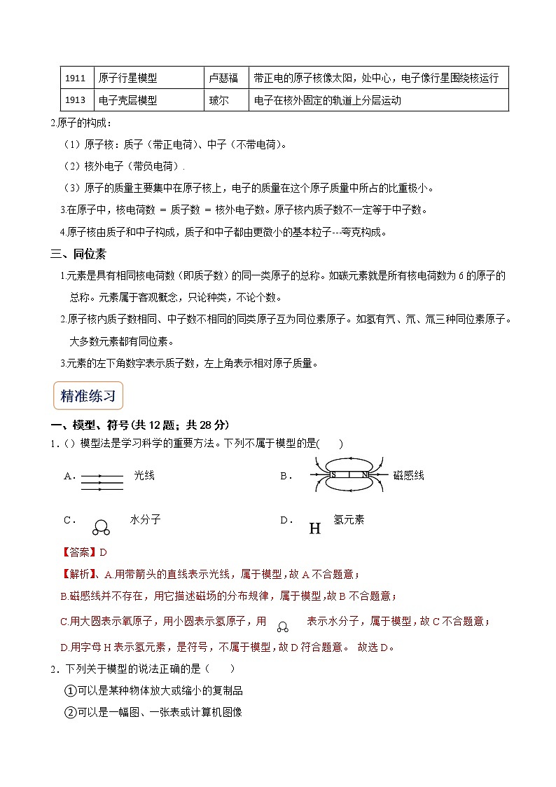 2022-2023年浙教版科学八年级下册专题复习精讲精练：专题06 模型、符合、原子结构（原卷版+解析版）02