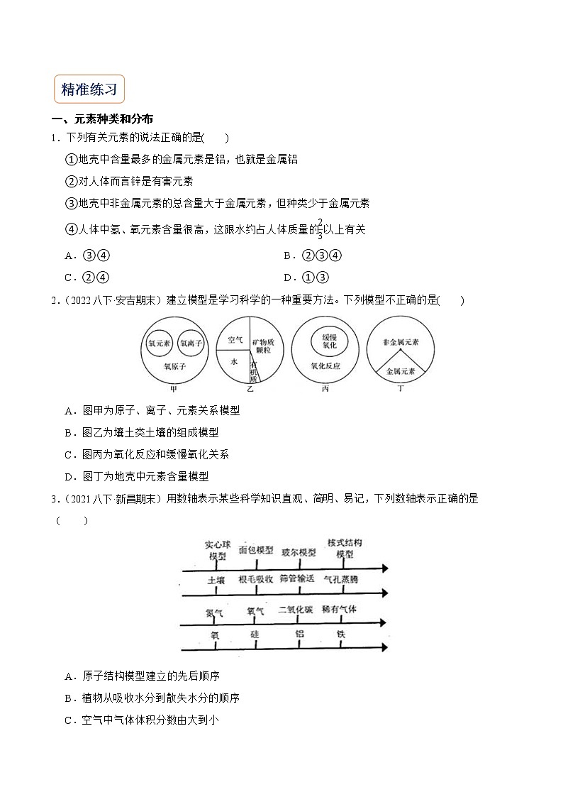 2022-2023年浙教版科学八年级下册专题复习精讲精练：专题08 元素与元素周期表（原卷版+解析版）03
