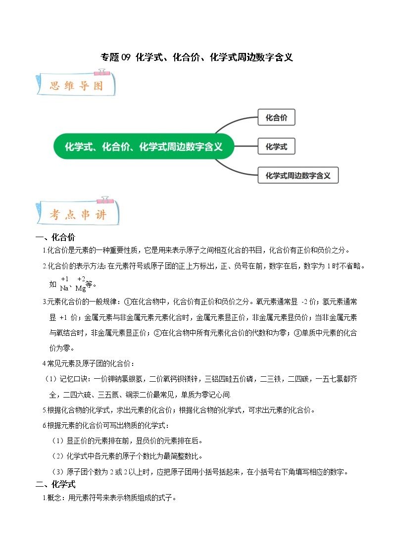 2022-2023年浙教版科学八年级下册专题复习精讲精练：专题09 化学式、化合价、化学式周边数字含义（原卷版+解析版）01