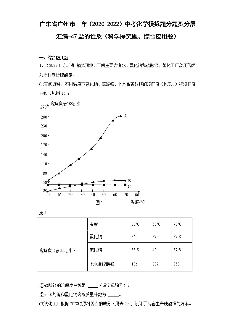 广东省广州市三年（2020-2022）中考化学模拟题分题型分层汇编-47盐的性质（科学探究题、综合应用题）01