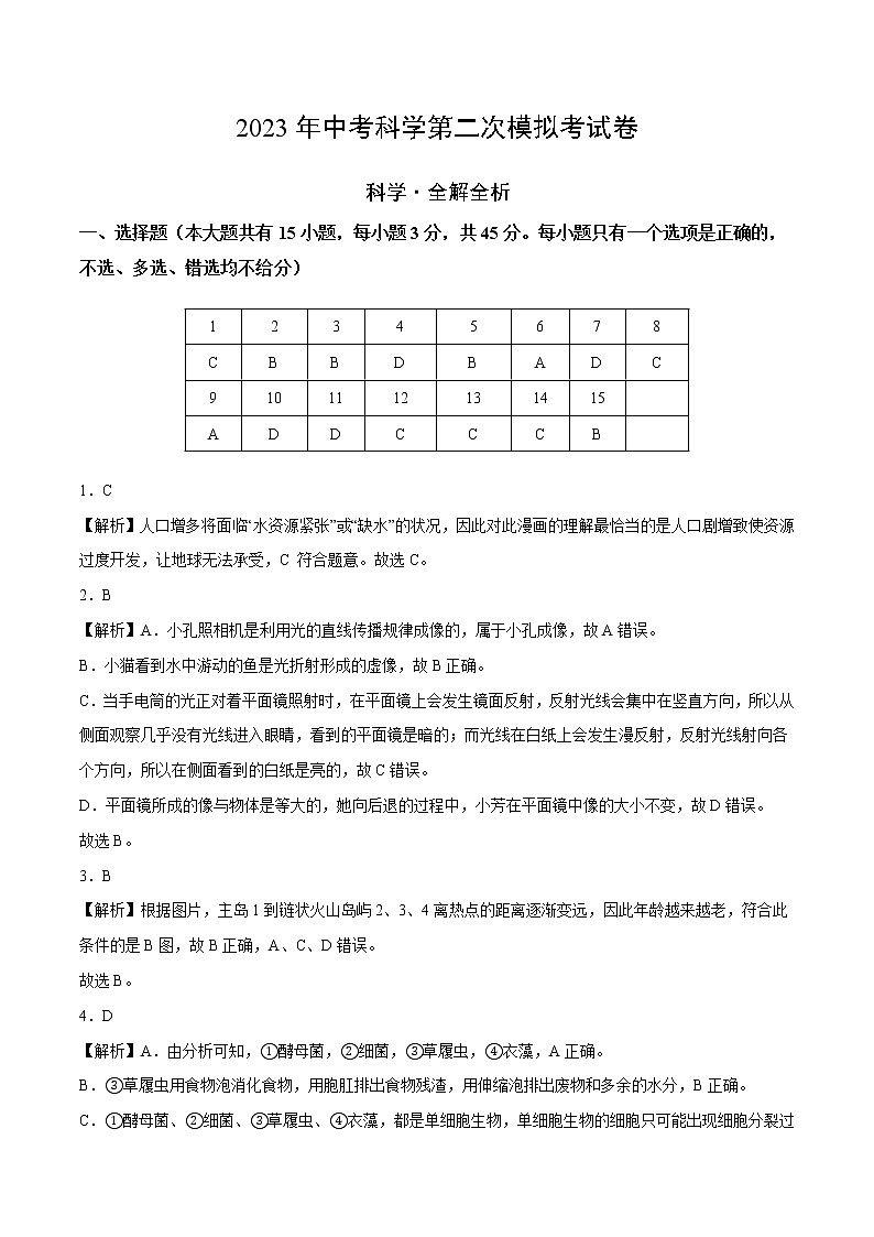 学易金卷：2023年中考科学第二次模拟考试卷（全解全析）第1页