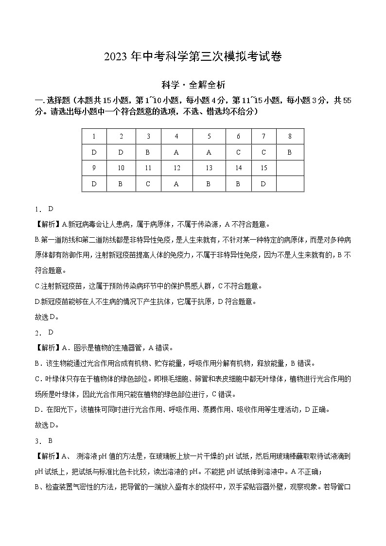 学易金卷：2023年中考科学第三次模拟考试卷（全解全析）第1页