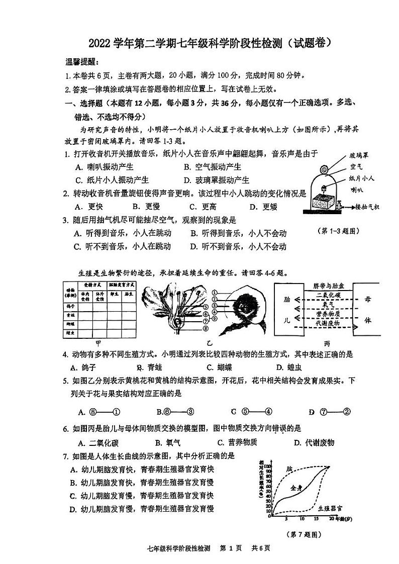 浙江省温州市鹿城区2022-2023学年七年级下学期4月期中科学试题第1页