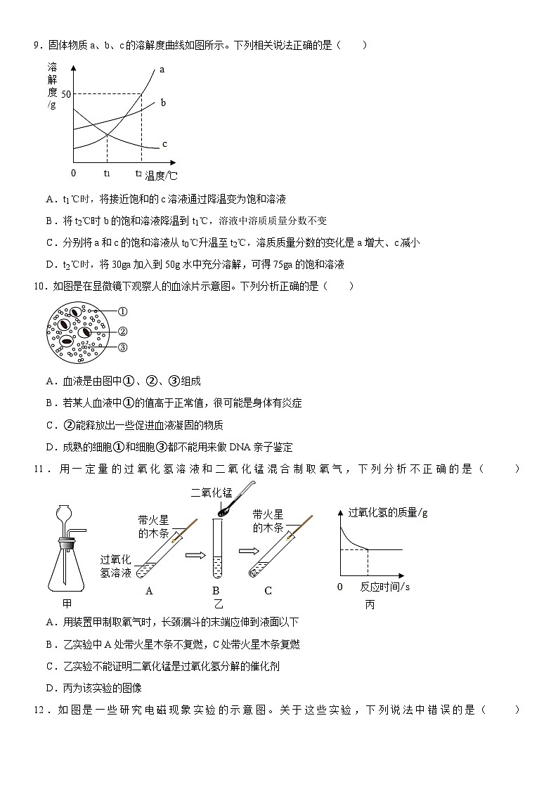 浙江省嘉兴市秀洲外国语学校2022-2023学年九年级下学期第一次校级中考模拟科学卷  含解析第3页