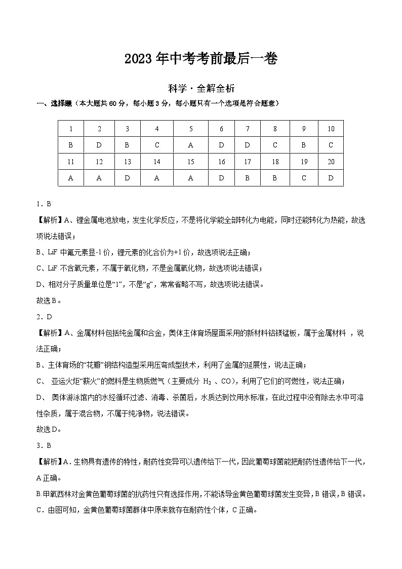 科学（浙江杭州卷）-【试题猜想】2023年中考考前最后一卷（含考试版、全解全析、参考答案、答题卡）01