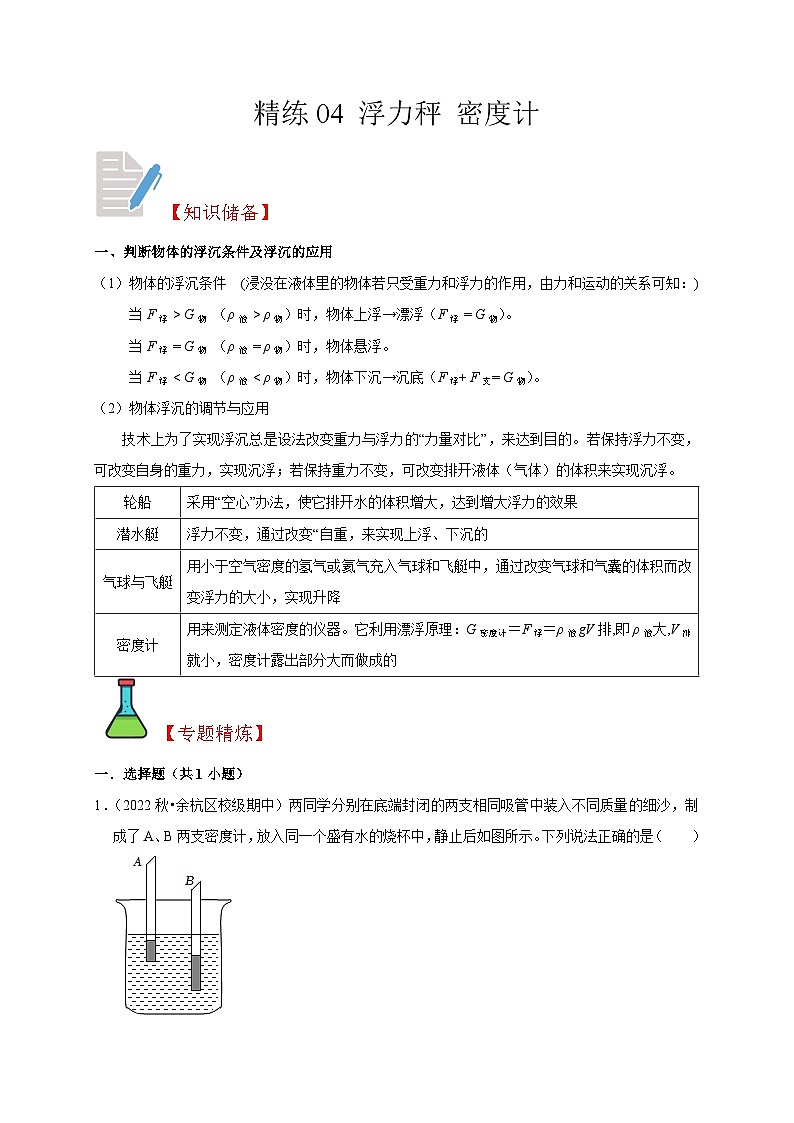 精练04 浮力秤 密度计（原卷版）第1页