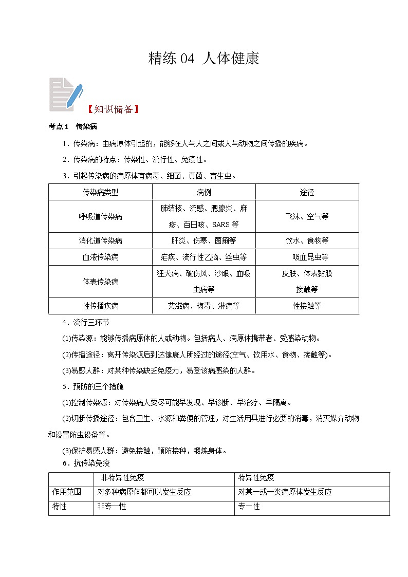 精练04 人体健康-浙江中考科学复习易错点重难点精炼01