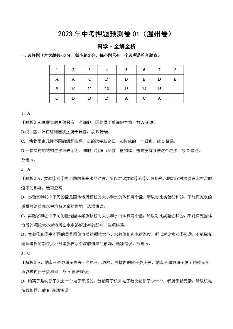 2023年中考押题预测卷01（温州卷）-科学（全解全析）01