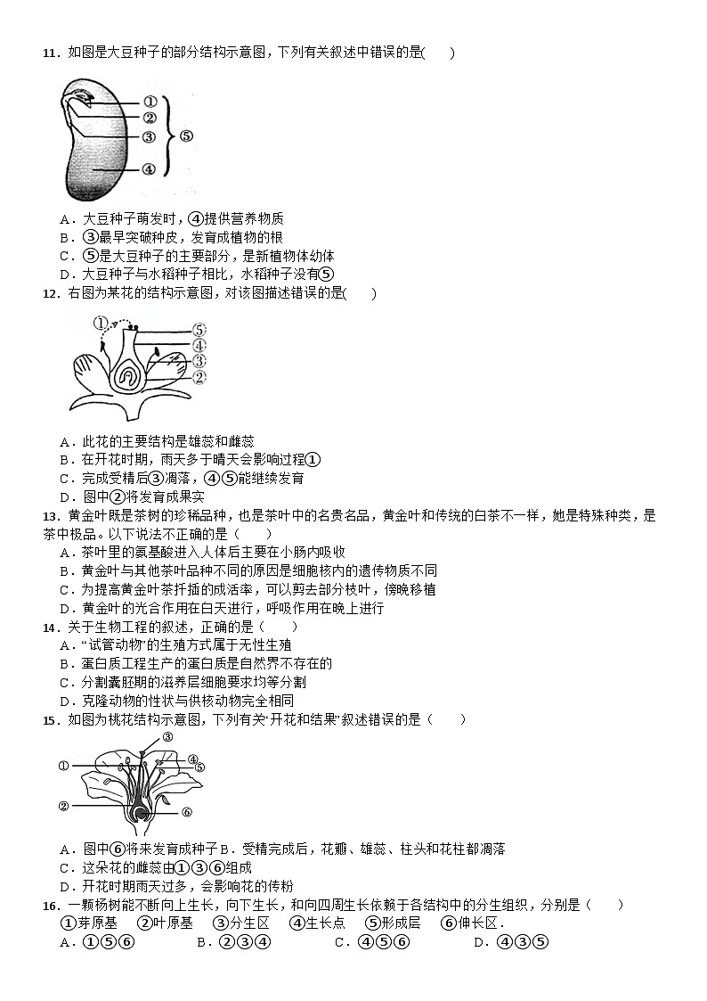 七下科学期末复习卷——第一章代代相传的生命02
