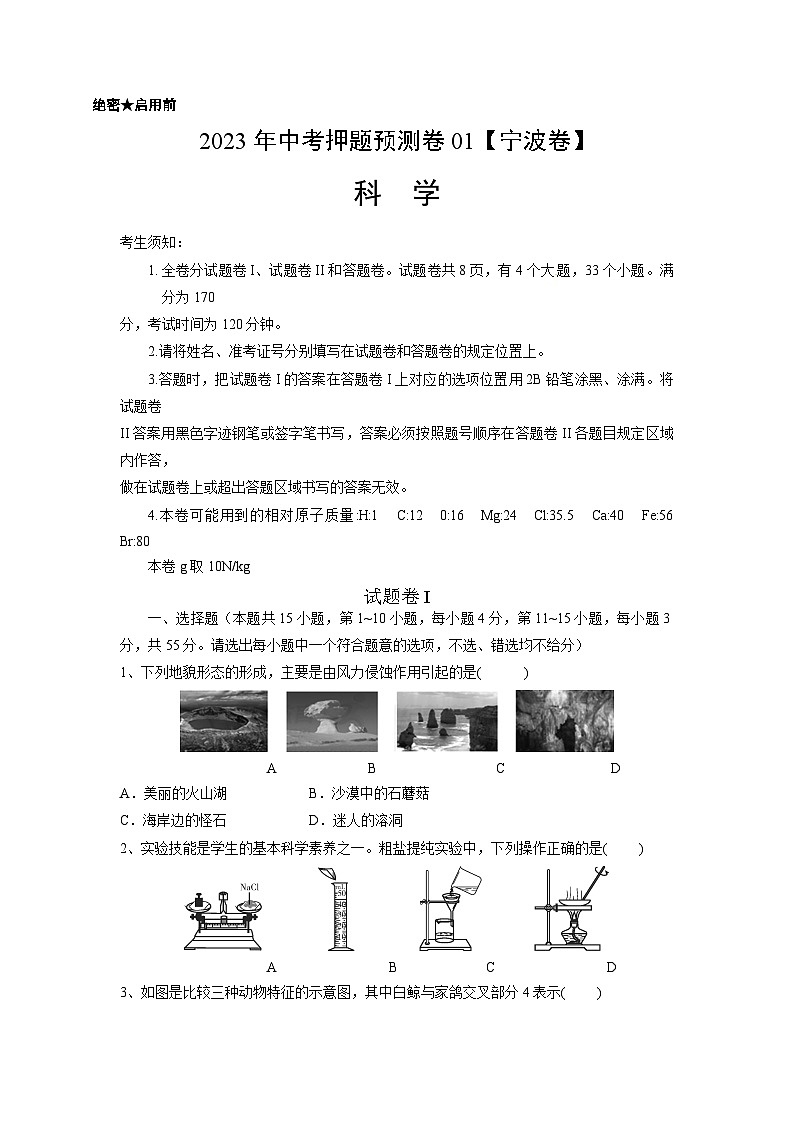 2023年中考押题预测卷01（浙江宁波卷）-科学01