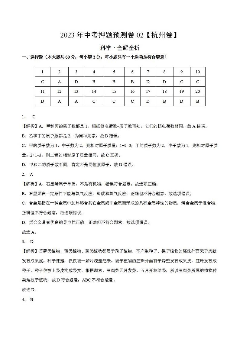 2023年中考押题预测卷02（杭州卷）-科学（全解全析）01