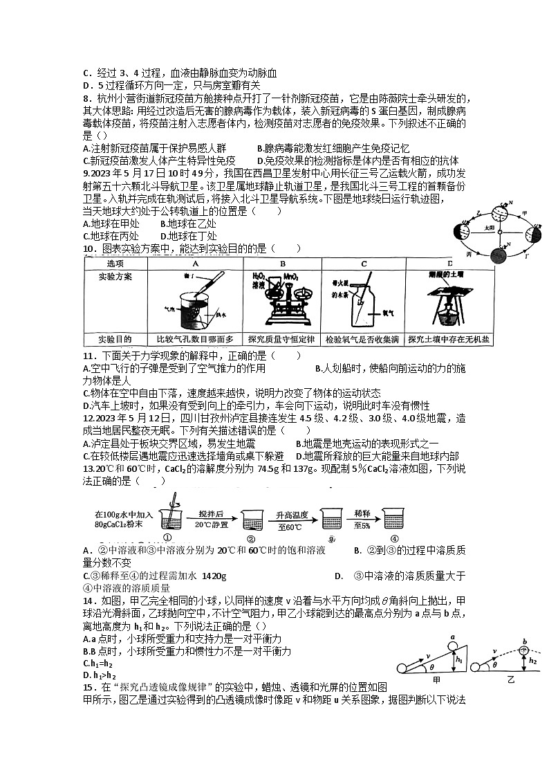 浙江省杭州市之江实验中学2023年九年级二模质量检测科学试题卷02
