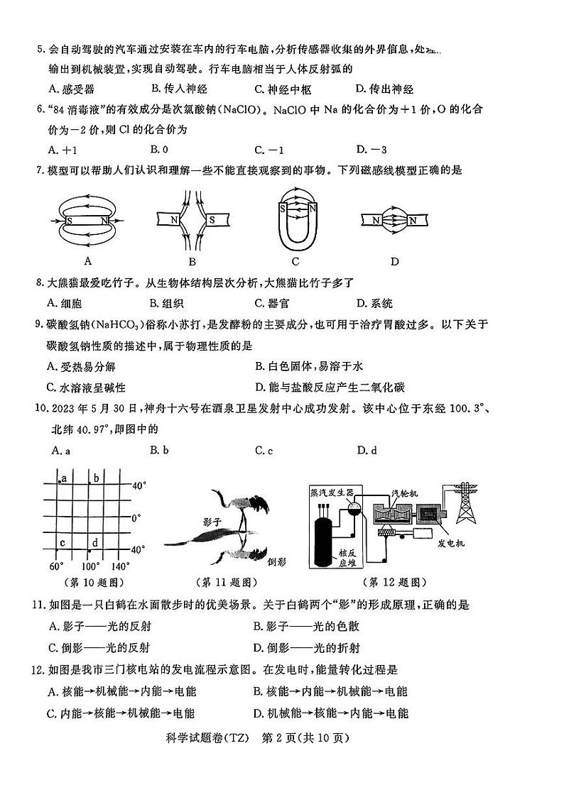 2023年浙江省台州市中考科学真题含答案第2页