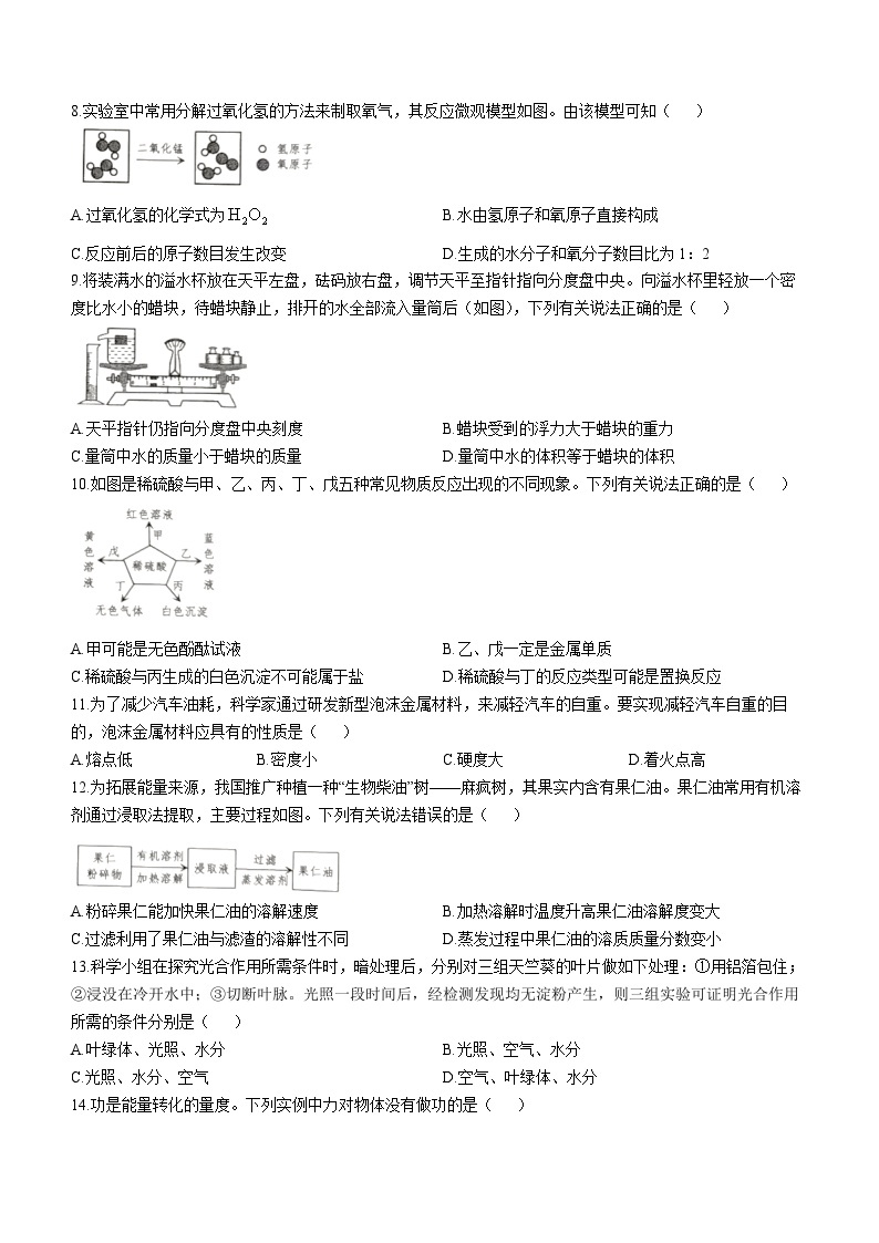 2023年浙江省舟山市中考科学中考真题02