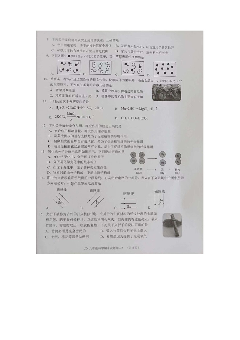 浙江省金华市金东区2022-2023学年八年级下学期期末科学试题第2页