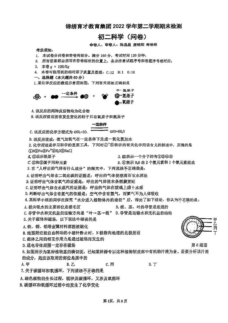 浙江省杭州市锦锈育才教育集团2022-2023学年下学期八年级期末科学考试卷第1页