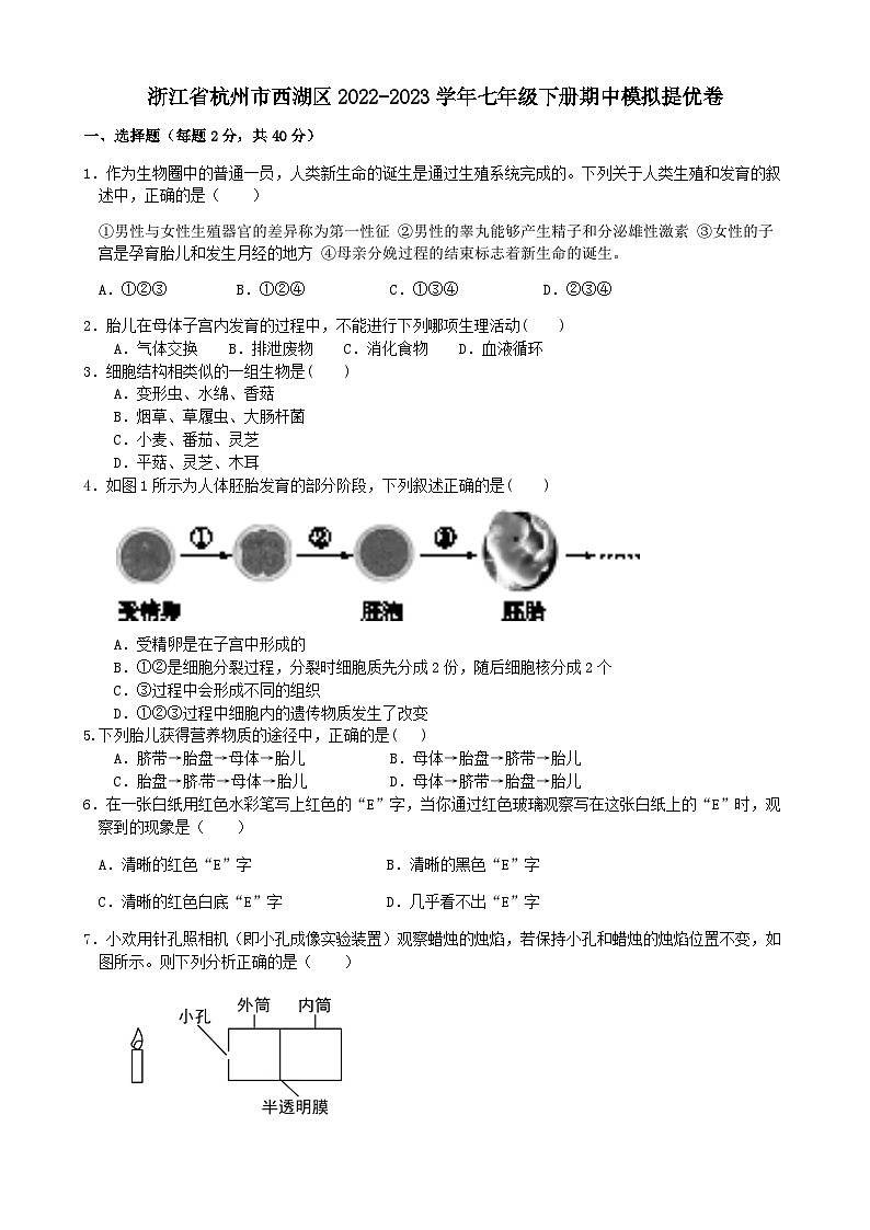 浙江省杭州市西湖区2022-2023学年浙教版科学七年级下册期中模拟提优卷01