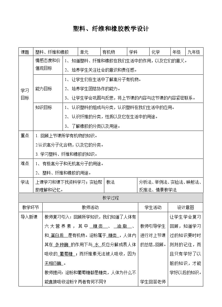 新华师大版化学九年级上册4.2 塑料、纤维和橡胶 课件+教案+练习01
