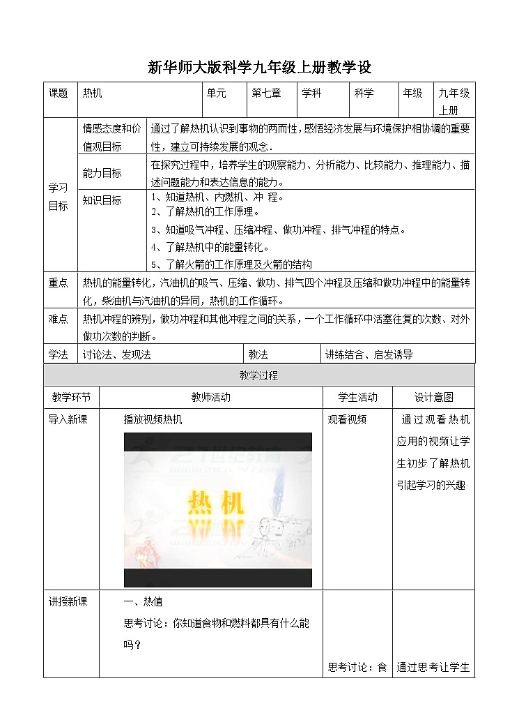 新华师大版化学九年级上册7.3热机 课件+教案+练习01