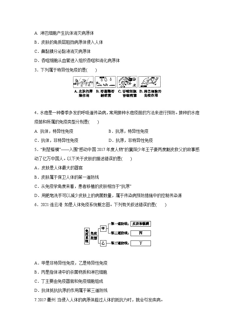 浙教版科学九年级下册同步练习：3.3   身体的防卫   第1课时（含解析）02