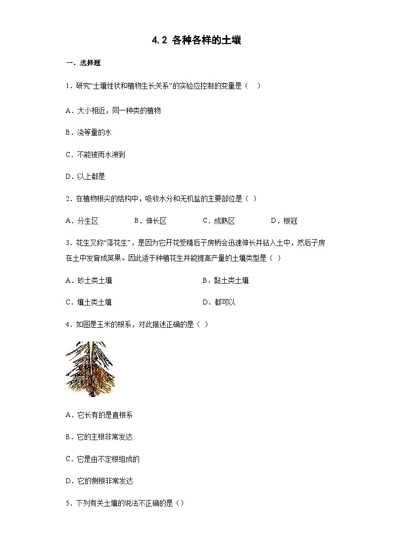 浙教版科学八年级下册：4.2 各种各样的土壤 练习（含答案）第1页