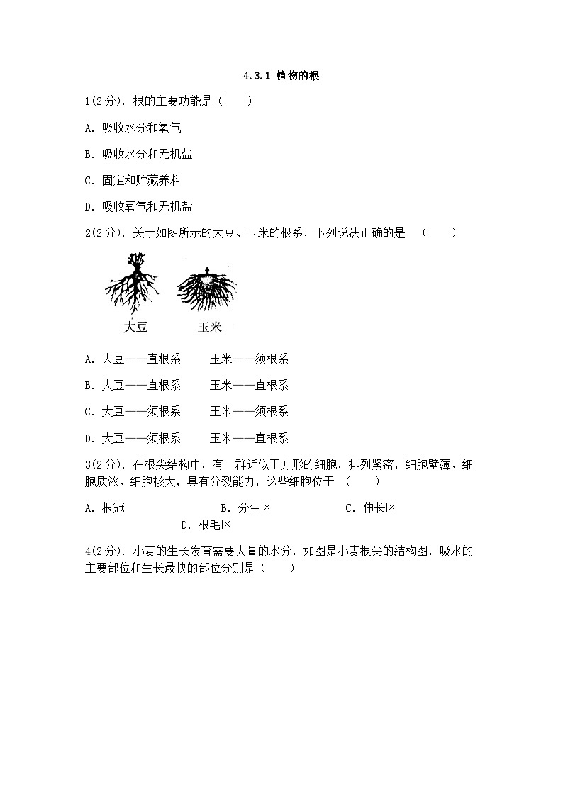 浙教版科学八年级下册：4.3植物的根与物质吸收 同步练习（2课时，含答案）01